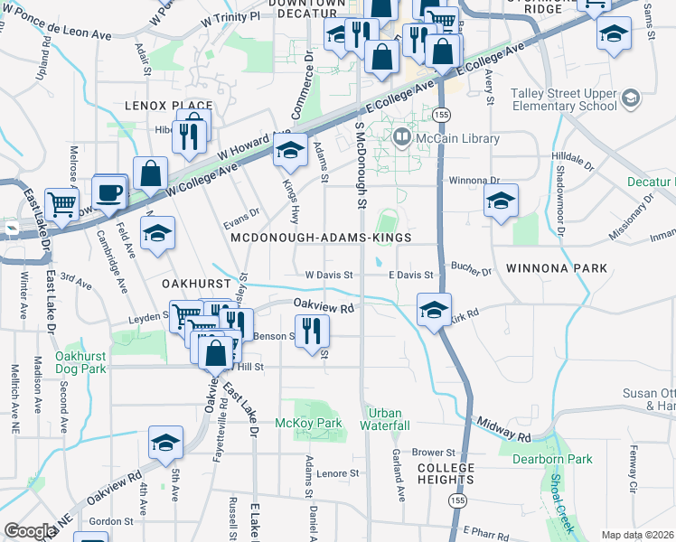 map of restaurants, bars, coffee shops, grocery stores, and more near 421 South McDonough Street in Decatur