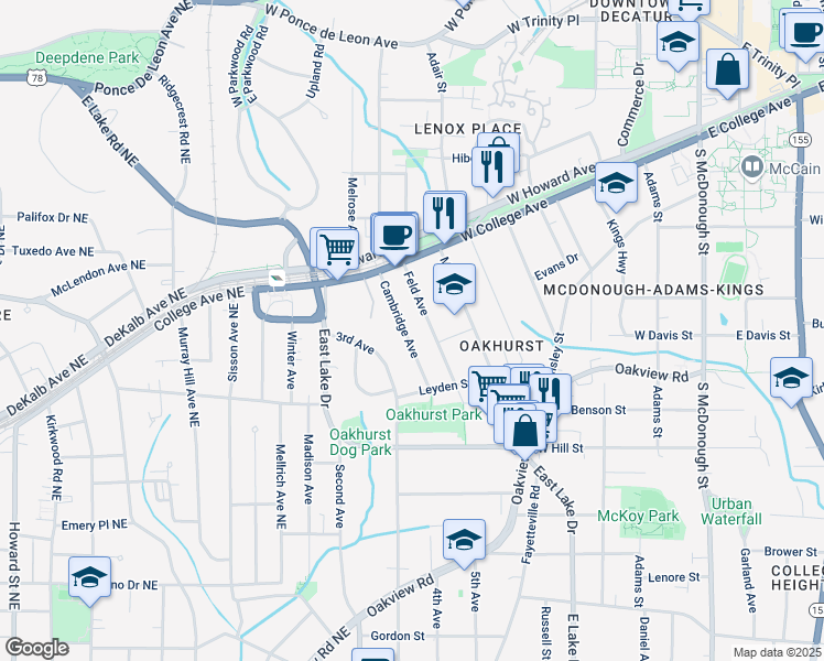 map of restaurants, bars, coffee shops, grocery stores, and more near 224 Cambridge Avenue in Decatur