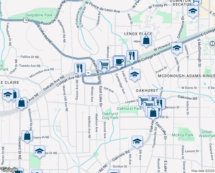 map of restaurants, bars, coffee shops, grocery stores, and more near 100 3rd Avenue in Decatur