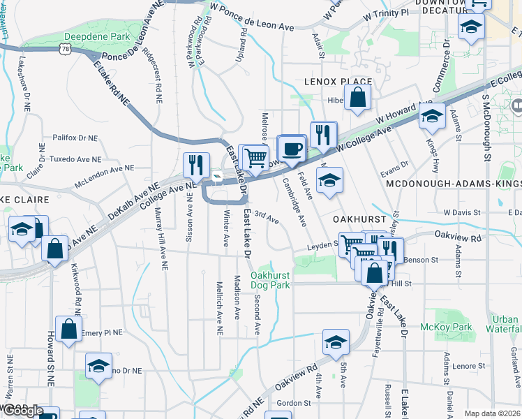 map of restaurants, bars, coffee shops, grocery stores, and more near 100 3rd Avenue in Decatur