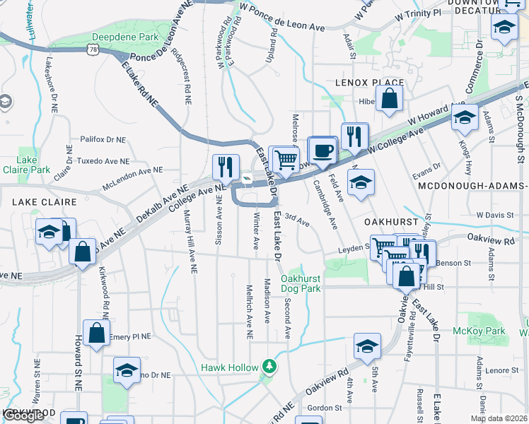 map of restaurants, bars, coffee shops, grocery stores, and more near 124 Park Place in Decatur