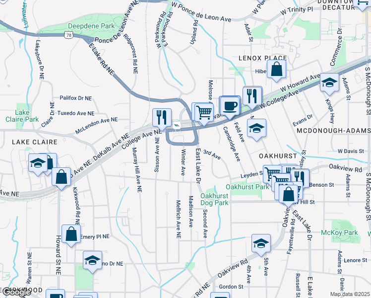 map of restaurants, bars, coffee shops, grocery stores, and more near 124 Park Place in Decatur