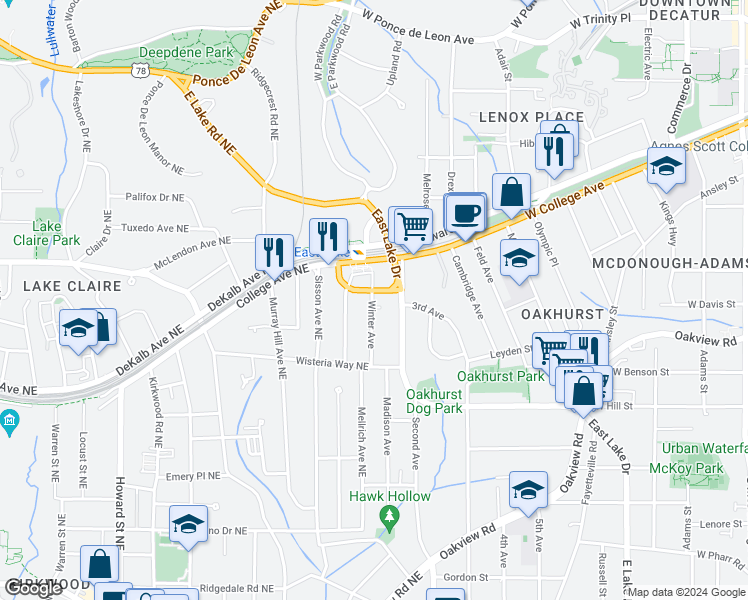 map of restaurants, bars, coffee shops, grocery stores, and more near 124 Park Place in Decatur