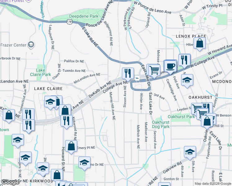 map of restaurants, bars, coffee shops, grocery stores, and more near 353 Murray Hill Avenue Northeast in Atlanta