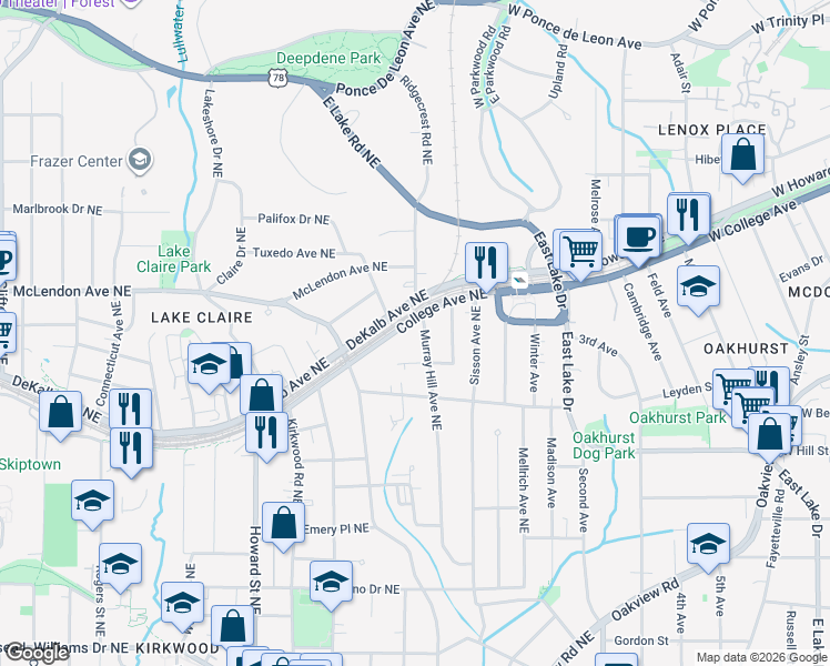 map of restaurants, bars, coffee shops, grocery stores, and more near 353 Murray Hill Avenue Northeast in Atlanta