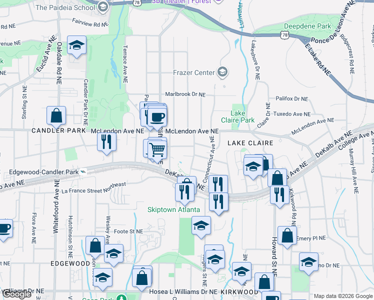 map of restaurants, bars, coffee shops, grocery stores, and more near 1760 Indiana Avenue Northeast in Atlanta