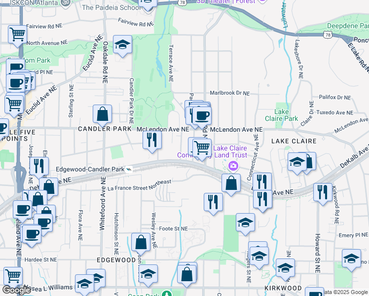 map of restaurants, bars, coffee shops, grocery stores, and more near 340 Brooks Avenue Northeast in Atlanta