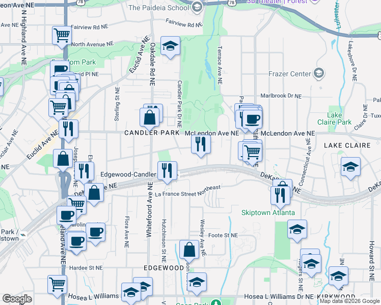 map of restaurants, bars, coffee shops, grocery stores, and more near 331 Candler Park Drive Northeast in Atlanta