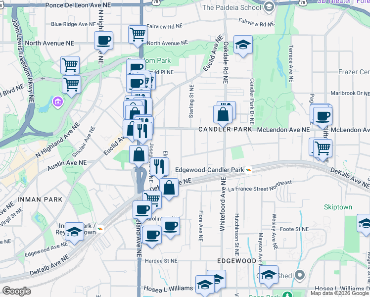map of restaurants, bars, coffee shops, grocery stores, and more near 339 Candler Street Northeast in Atlanta