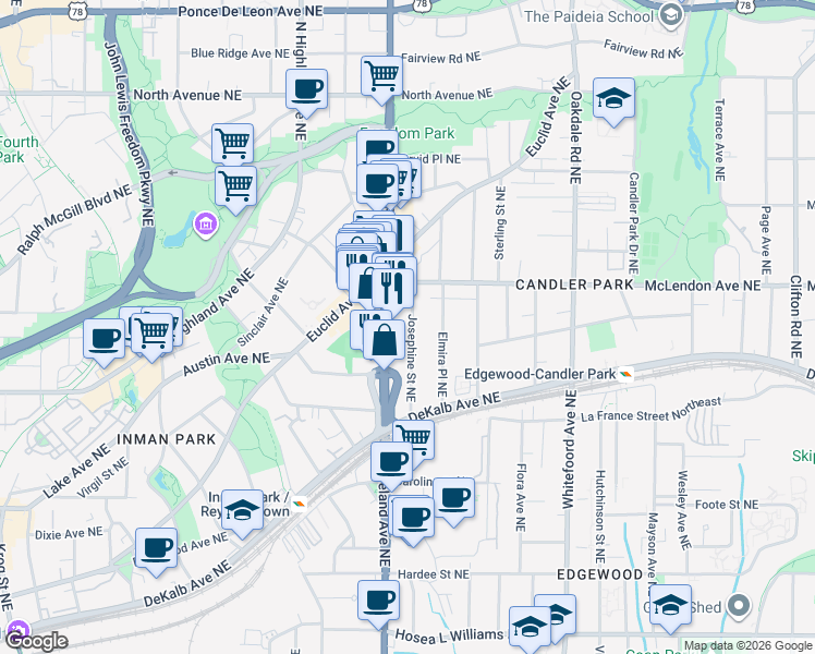map of restaurants, bars, coffee shops, grocery stores, and more near 335 Josephine Street Northeast in Atlanta