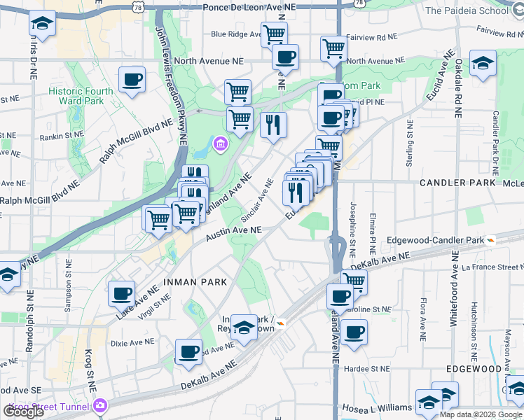 map of restaurants, bars, coffee shops, grocery stores, and more near 339 Sinclair Avenue Northeast in Atlanta