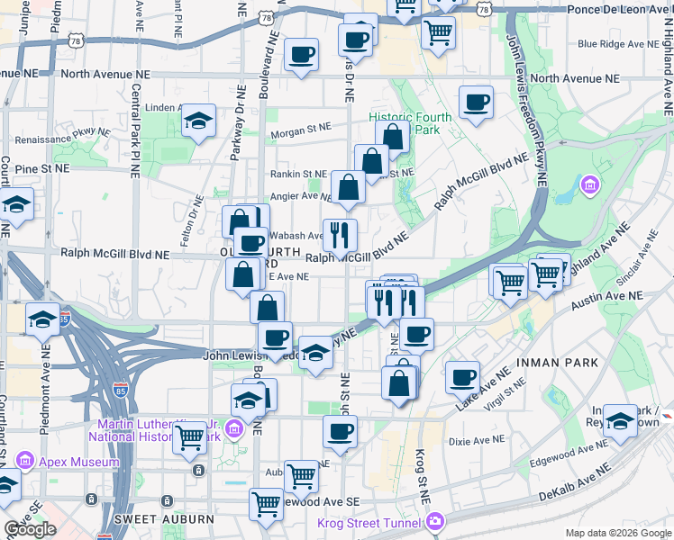 map of restaurants, bars, coffee shops, grocery stores, and more near 554 East Avenue Northeast in Atlanta