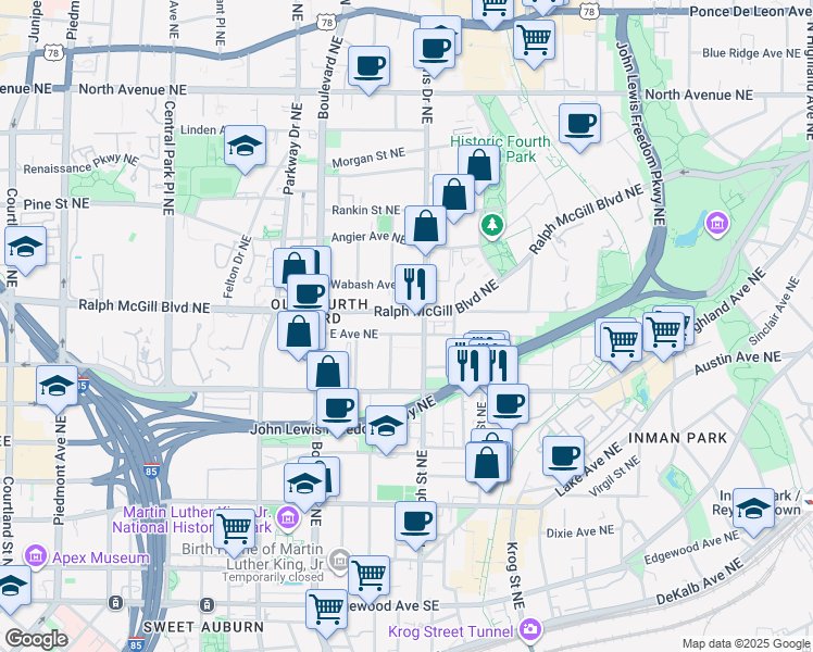 map of restaurants, bars, coffee shops, grocery stores, and more near 554 East Avenue Northeast in Atlanta