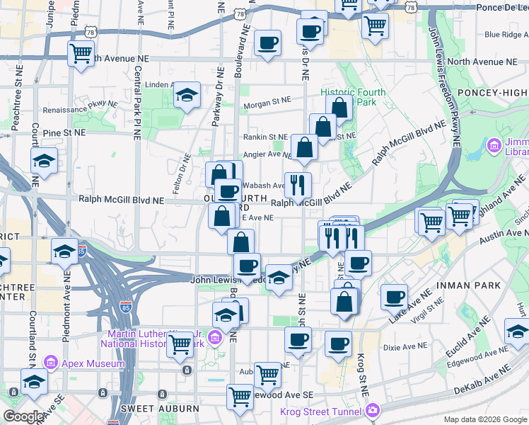 map of restaurants, bars, coffee shops, grocery stores, and more near 510 East Avenue Northeast in Atlanta