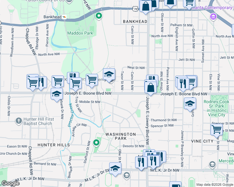 map of restaurants, bars, coffee shops, grocery stores, and more near in Atlanta