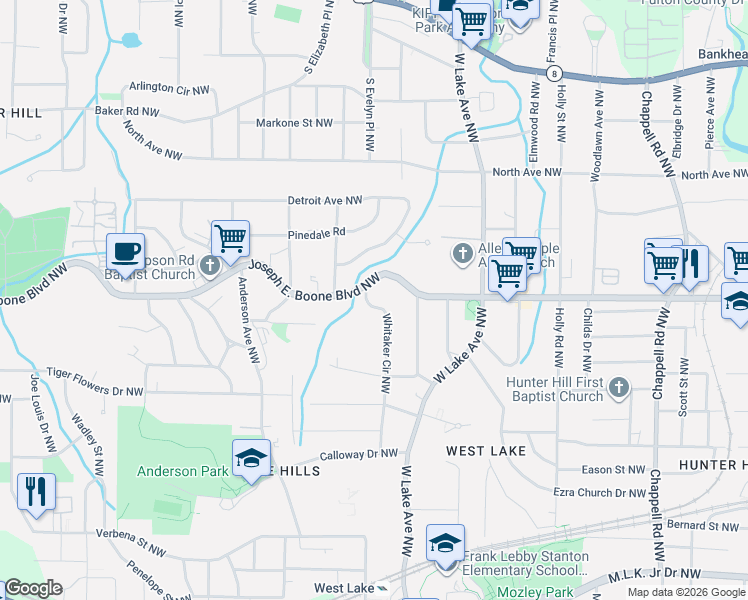 map of restaurants, bars, coffee shops, grocery stores, and more near 285 Whitaker Circle Northwest in Atlanta
