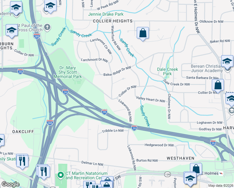 map of restaurants, bars, coffee shops, grocery stores, and more near 2973 Collier Drive Northwest in Atlanta