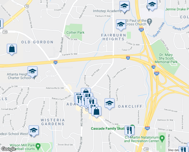 map of restaurants, bars, coffee shops, grocery stores, and more near 299 Ard Place Northwest in Atlanta