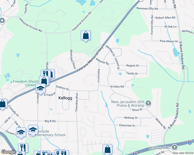 map of restaurants, bars, coffee shops, grocery stores, and more near 4425 Wood Hollow Court in Douglasville