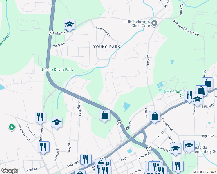 map of restaurants, bars, coffee shops, grocery stores, and more near 6405 Harvester Circle in Douglasville