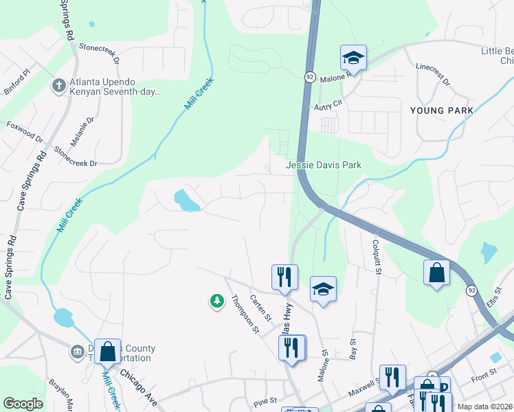 map of restaurants, bars, coffee shops, grocery stores, and more near 7915 Tower Drive in Douglasville