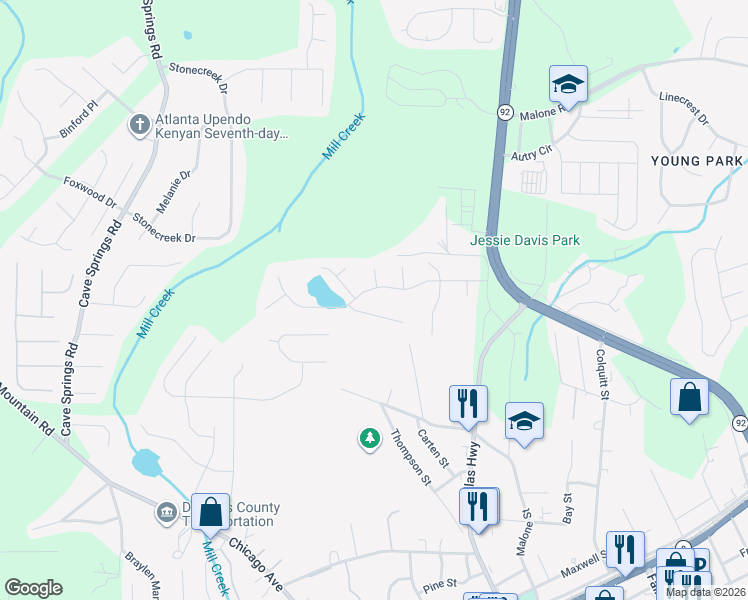 map of restaurants, bars, coffee shops, grocery stores, and more near 6807 John Clark Drive in Douglasville