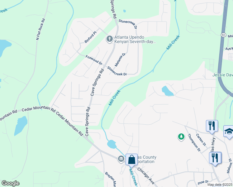 map of restaurants, bars, coffee shops, grocery stores, and more near 7191 Woodcreek Way in Douglasville