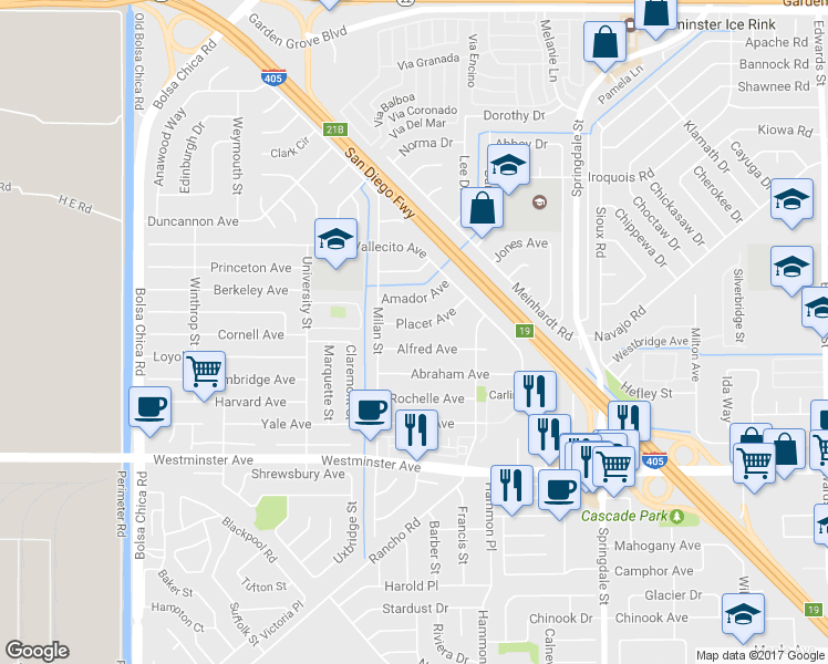 map of restaurants, bars, coffee shops, grocery stores, and more near 5602 Placer Avenue in Westminster