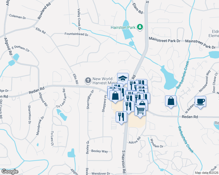 map of restaurants, bars, coffee shops, grocery stores, and more near 1062 Autumn Crest Dr in Stone Mountain