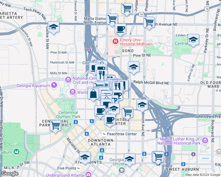 map of restaurants, bars, coffee shops, grocery stores, and more near 330 Peachtree Street Northeast in Atlanta