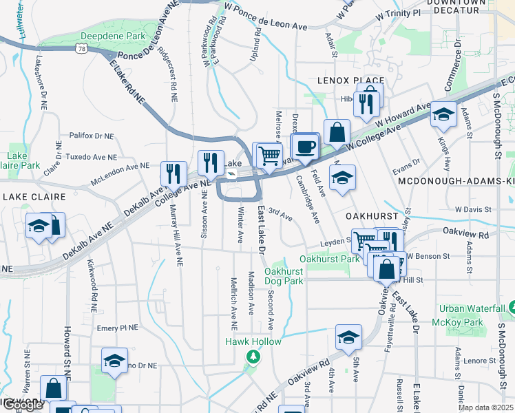 map of restaurants, bars, coffee shops, grocery stores, and more near 124 Park Place in Decatur