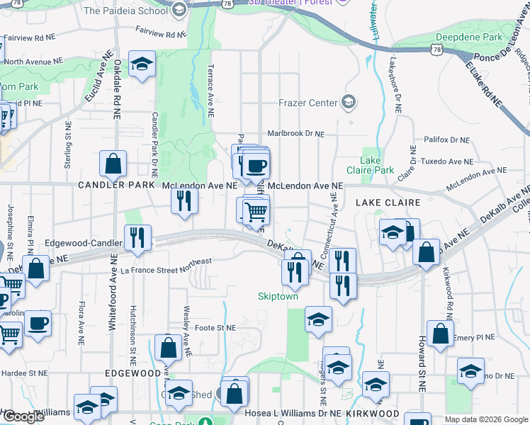 map of restaurants, bars, coffee shops, grocery stores, and more near 337 Clifton Road Northeast in Atlanta