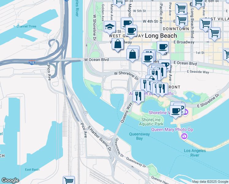 map of restaurants, bars, coffee shops, grocery stores, and more near 340 Golden Shore in Long Beach