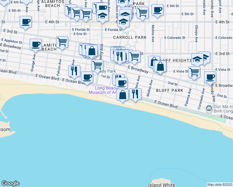 map of restaurants, bars, coffee shops, grocery stores, and more near 2230 East Ocean Boulevard in Long Beach