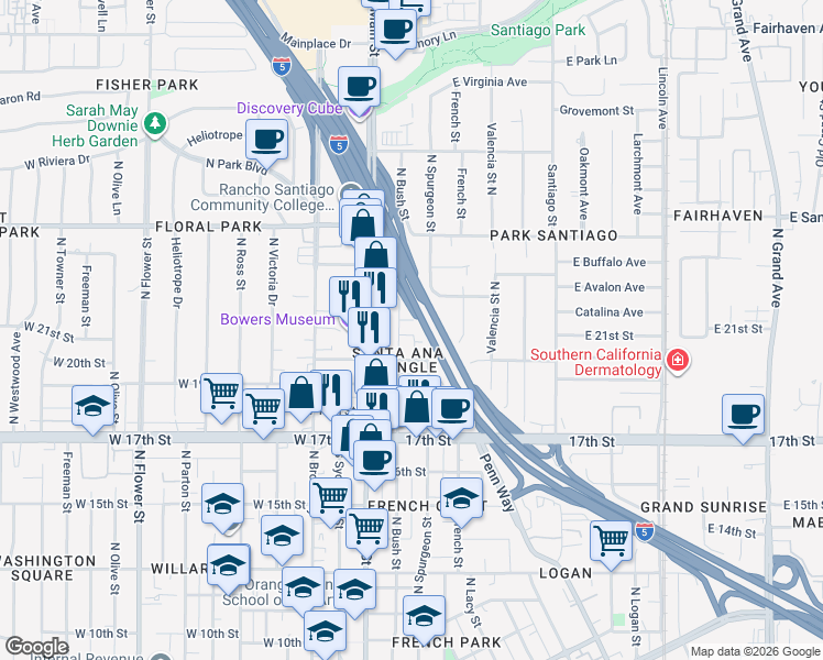 map of restaurants, bars, coffee shops, grocery stores, and more near 2025 North Bush Street in Santa Ana