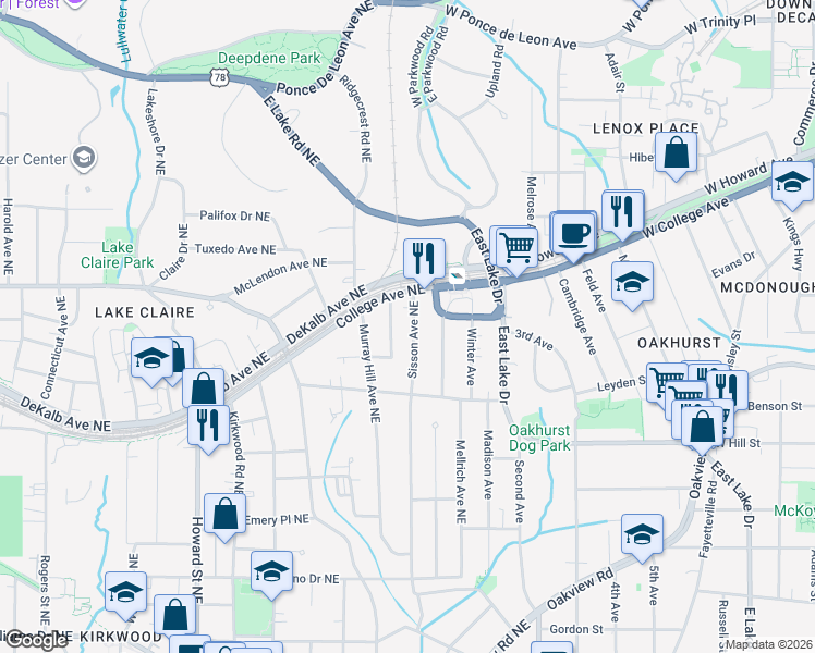 map of restaurants, bars, coffee shops, grocery stores, and more near 354 Sisson Avenue Northeast in Atlanta