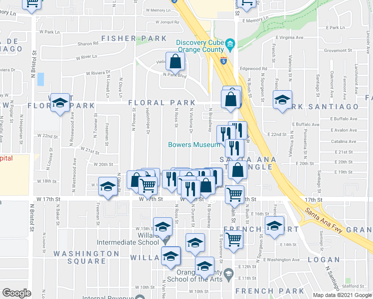 map of restaurants, bars, coffee shops, grocery stores, and more near 2024 North Victoria Drive in Santa Ana