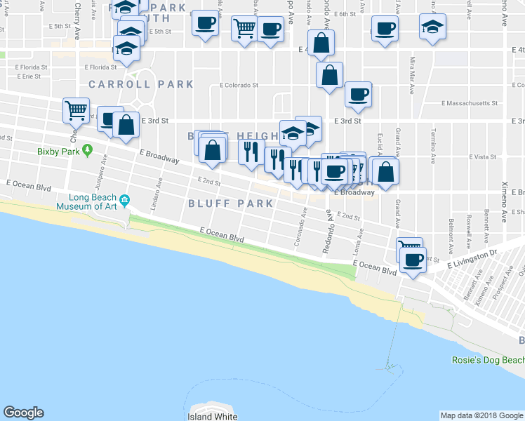 map of restaurants, bars, coffee shops, grocery stores, and more near 3045 East 1st Street in Long Beach