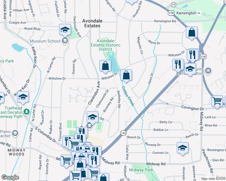 map of restaurants, bars, coffee shops, grocery stores, and more near 1056 Chatsworth Drive in Avondale Estates