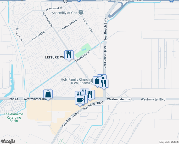 map of restaurants, bars, coffee shops, grocery stores, and more near 13800 Annandale Drive in Seal Beach