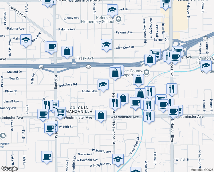 map of restaurants, bars, coffee shops, grocery stores, and more near 11422 Woodbury Road in Garden Grove