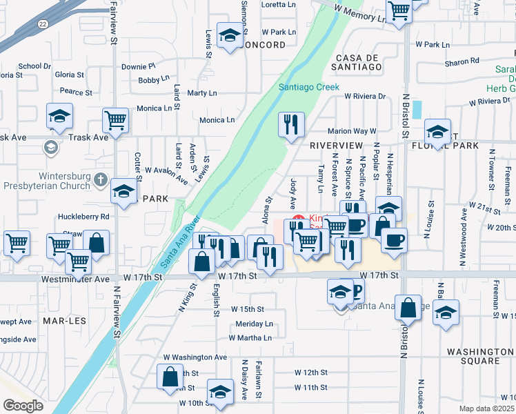 map of restaurants, bars, coffee shops, grocery stores, and more near 1807 West 21st Street in Santa Ana