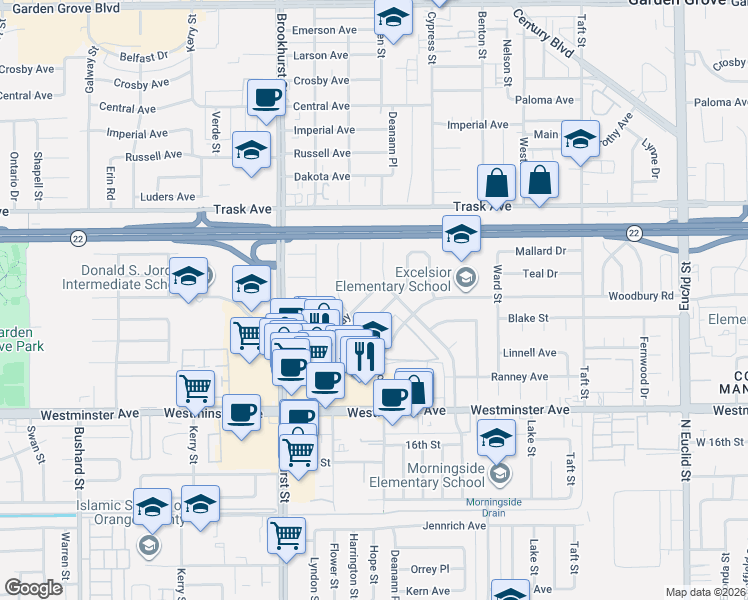 map of restaurants, bars, coffee shops, grocery stores, and more near 10222 Traylor Way in Garden Grove