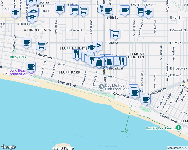 map of restaurants, bars, coffee shops, grocery stores, and more near 3300 2nd Street in Long Beach