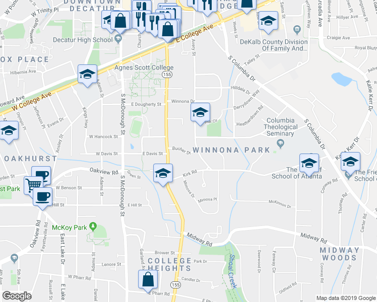 map of restaurants, bars, coffee shops, grocery stores, and more near 144 Bucher Drive in Decatur