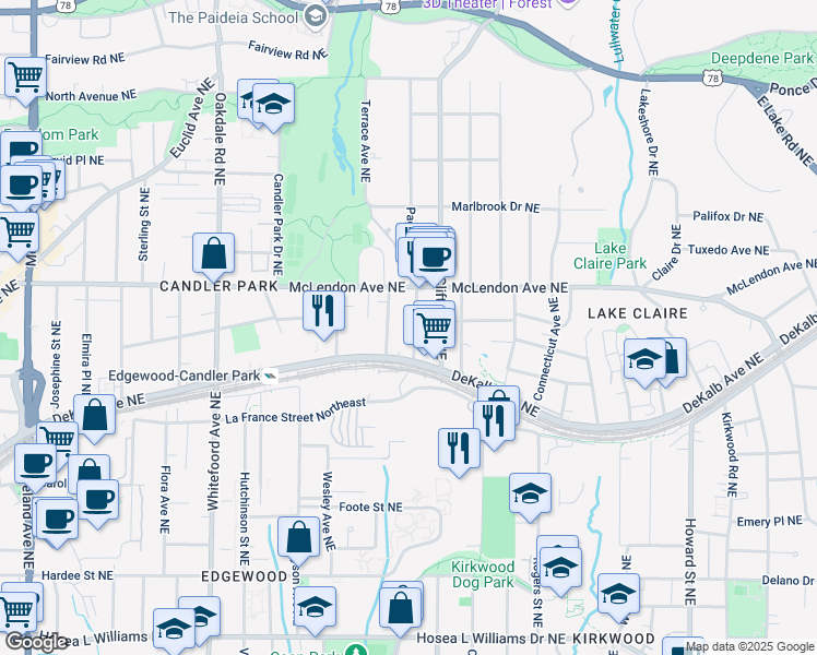 map of restaurants, bars, coffee shops, grocery stores, and more near 340 Brooks Avenue Northeast in Atlanta