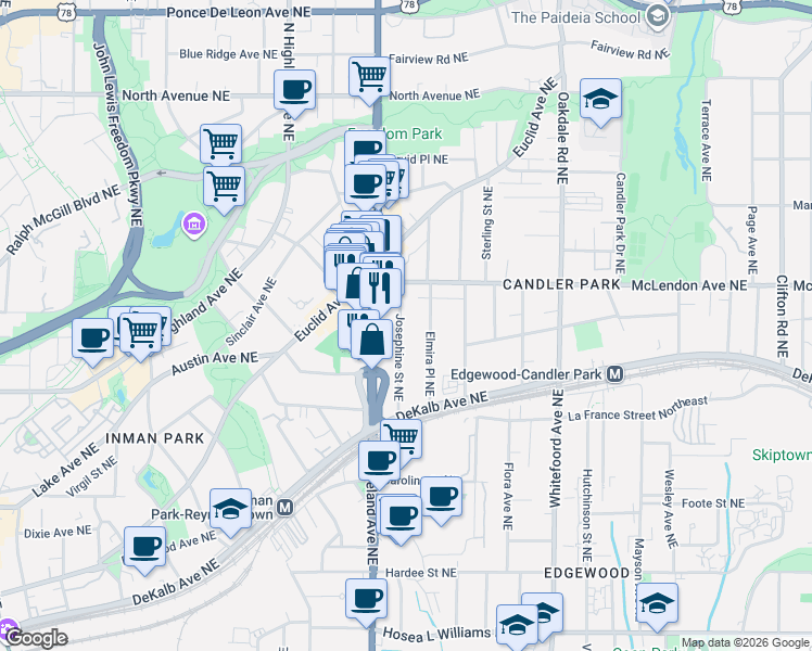 map of restaurants, bars, coffee shops, grocery stores, and more near 335 Josephine Street Northeast in Atlanta