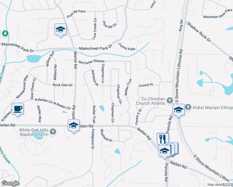 map of restaurants, bars, coffee shops, grocery stores, and more near 855 Chapman Circle in Stone Mountain