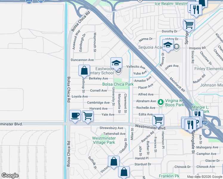 map of restaurants, bars, coffee shops, grocery stores, and more near 5379 Cornell Avenue in Westminster