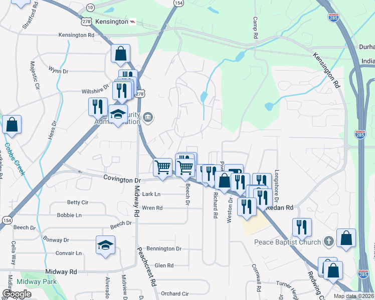 map of restaurants, bars, coffee shops, grocery stores, and more near 3726 Covington Highway in Decatur